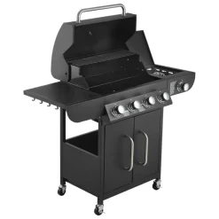 VEVOR Gas Grill, 4 Burner Propane Gas Grill with Side Burner, 425 SQ.In Grilling Area, Carbon Steel Enamel Grates, Outdoor 52,000 BTU Patio Garden BBQ Grills with Two Side Shelves, Carbon Steel