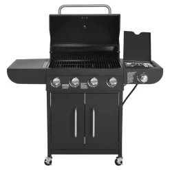 VEVOR Gas Grill, 4 Burner Propane Gas Grill with Side Burner, 425 SQ.In Grilling Area, Carbon Steel Enamel Grates, Outdoor 52,000 BTU Patio Garden BBQ Grills with Two Side Shelves, Stainless Steel
