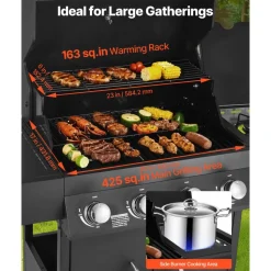 VEVOR Gas Grill, 4 Burner Propane Gas Grill with Side Burner, 425 SQ.In Grilling Area, Carbon Steel Enamel Grates, Outdoor 52,000 BTU Patio Garden BBQ Grills with Two Side Shelves, Stainless Steel