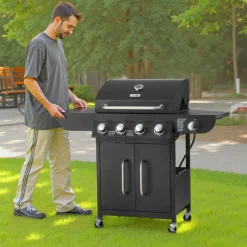 VEVOR Gas Grill, 4 Burner Propane Gas Grill with Side Burner, 425 SQ.In Grilling Area, Carbon Steel Enamel Grates, Outdoor 52,000 BTU Patio Garden BBQ Grills with Two Side Shelves, Stainless Steel