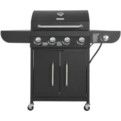 VEVOR Gas Grill, 4 Burner Propane Gas Grill with Side Burner, 425 SQ.In Grilling Area, Carbon Steel Enamel Grates, Outdoor 52,000 BTU Patio Garden BBQ Grills with Two Side Shelves, Stainless Steel