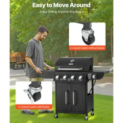 VEVOR Gas Grill, 4 Burner Propane Gas Grill with Side Burner, 425 SQ.In Grilling Area, Carbon Steel Enamel Grates, Outdoor 52,000 BTU Patio Garden BBQ Grills with Two Side Shelves, Stainless Steel
