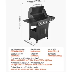 VEVOR Gas Grill, 4 Burner Propane Gas Grill with Side Burner, 425 SQ.In Grilling Area, Carbon Steel Enamel Grates, Outdoor 52,000 BTU Patio Garden BBQ Grills with Two Side Shelves, Stainless Steel