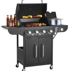 VEVOR Gas Grill, 4 Burner Propane Gas Grill with Side Burner, 425 SQ.In Grilling Area, Carbon Steel Enamel Grates, Outdoor 52,000 BTU Patio Garden BBQ Grills with Two Side Shelves, Stainless Steel