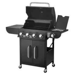VEVOR Gas Grill, 4 Burner Propane Gas Grill with Side Burner, 425 SQ.In Grilling Area, Carbon Steel Enamel Grates, Outdoor 52,000 BTU Patio Garden BBQ Grills with Two Side Shelves, Stainless Steel