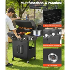 VEVOR Gas Grill, 4 Burner Propane Gas Grill with Side Burner, 425 SQ.In Grilling Area, Carbon Steel Enamel Grates, Outdoor 52,000 BTU Patio Garden BBQ Grills with Two Side Shelves, Stainless Steel