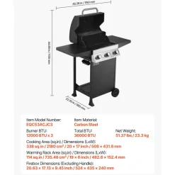 VEVOR Gas Grill, 3 Burner Propane Gas Grill with Spacious 338 SQ.In Grilling Area, Carbon Steel Enamel Grates, Outdoor 36,000 BTU Patio Garden BBQ Grills with Foldable Side Shelves, Carbon Steel