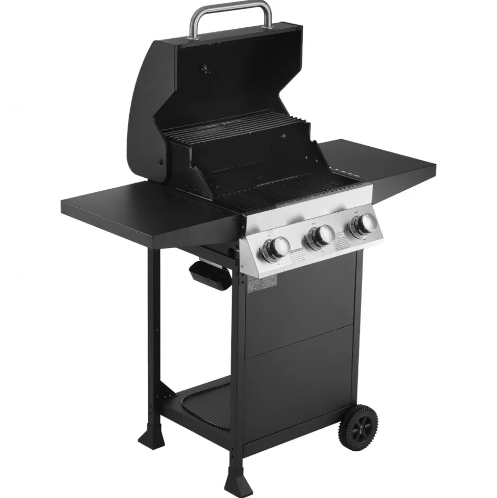 VEVOR Gas Grill, 3 Burner Propane Gas Grill with Spacious 338 SQ.In Grilling Area, Carbon Steel Enamel Grates, Outdoor 36,000 BTU Patio Garden BBQ Grills with Foldable Side Shelves, Carbon Steel