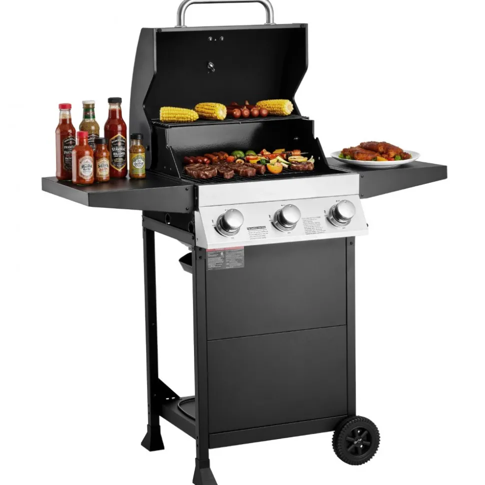 VEVOR Gas Grill, 3 Burner Propane Gas Grill with Spacious 338 SQ.In Grilling Area, Carbon Steel Enamel Grates, Outdoor 36,000 BTU Patio Garden BBQ Grills with Foldable Side Shelves, Carbon Steel
