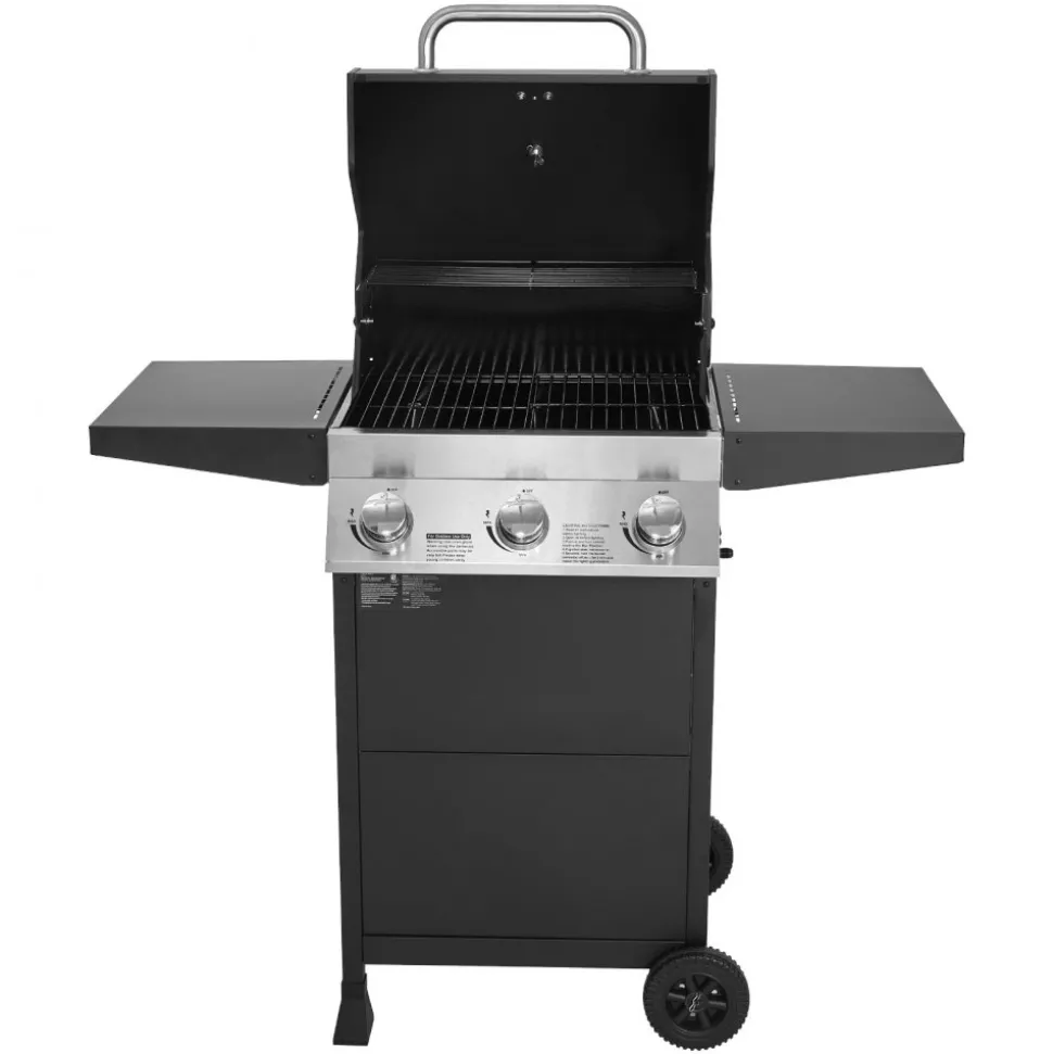 VEVOR Gas Grill, 3 Burner Propane Gas Grill with Spacious 338 SQ.In Grilling Area, Carbon Steel Enamel Grates, Outdoor 36,000 BTU Patio Garden BBQ Grills with Foldable Side Shelves, Carbon Steel