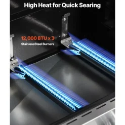 VEVOR Gas Grill, 3 Burner Propane Gas Grill with Spacious 338 SQ.In Grilling Area, Carbon Steel Enamel Grates, Outdoor 36,000 BTU Patio Garden BBQ Grills with Foldable Side Shelves, Carbon Steel
