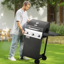 VEVOR Gas Grill, 3 Burner Propane Gas Grill with Spacious 338 SQ.In Grilling Area, Carbon Steel Enamel Grates, Outdoor 36,000 BTU Patio Garden BBQ Grills with Foldable Side Shelves, Carbon Steel