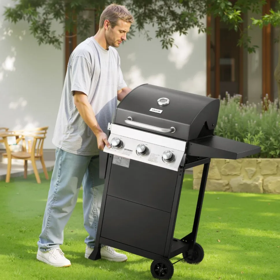 VEVOR Gas Grill, 3 Burner Propane Gas Grill with Spacious 338 SQ.In Grilling Area, Carbon Steel Enamel Grates, Outdoor 36,000 BTU Patio Garden BBQ Grills with Foldable Side Shelves, Carbon Steel
