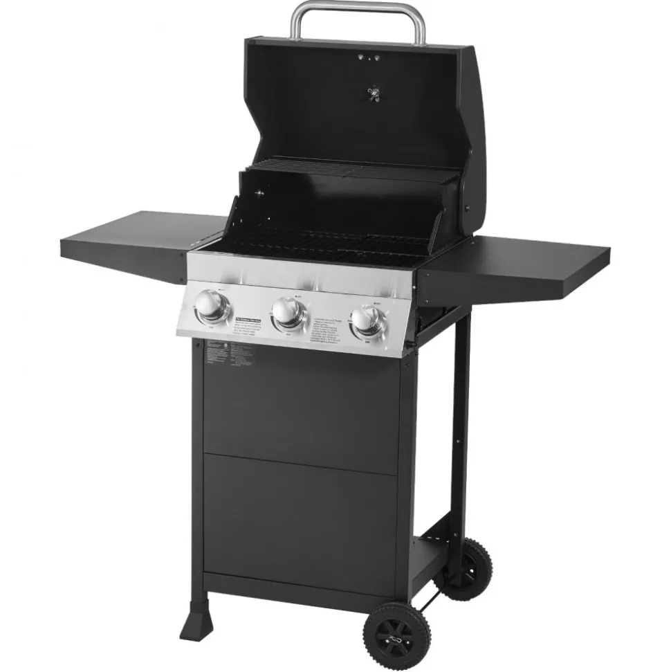 VEVOR Gas Grill, 3 Burner Propane Gas Grill with Spacious 338 SQ.In Grilling Area, Carbon Steel Enamel Grates, Outdoor 36,000 BTU Patio Garden BBQ Grills with Foldable Side Shelves, Carbon Steel