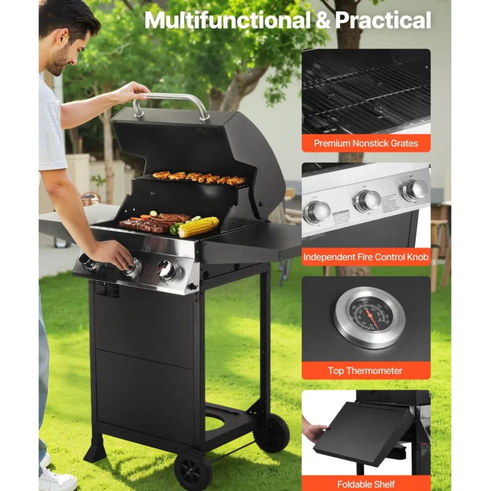 VEVOR Gas Grill, 3 Burner Propane Gas Grill with Spacious 338 SQ.In Grilling Area, Carbon Steel Enamel Grates, Outdoor 36,000 BTU Patio Garden BBQ Grills with Foldable Side Shelves, Carbon Steel
