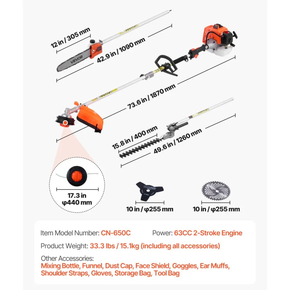 VEVOR Gas Hedge Trimmer, 2 Cycle Gas Power Handheld Hedge Trimmer, 5-in-1 63cc Cordless Weed Eater with Protective Gear Set, Includes Hedge and String Trimmer, Brush Cutter(3T & 40T Blades), Pole Saw