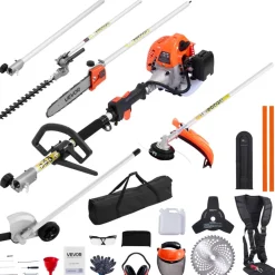 VEVOR Gas Hedge Trimmer, 2 Cycle Gas Power Handheld Trimmer, 6-in-1 26cc Weed Eater with Extension Pole & Protective Gear Set, Includes Hedge & String Trimmer, Brush Cutter(3T & 40T), Edger, Pole Saw