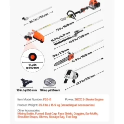 VEVOR Gas Hedge Trimmer, 2 Cycle Gas Power Handheld Trimmer, 6-in-1 26cc Weed Eater with Extension Pole & Protective Gear Set, Includes Hedge & String Trimmer, Brush Cutter(3T & 40T), Edger, Pole Saw