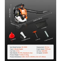 VEVOR Gas Leaf Blower, 25.4CC 4-Stroke Gas Powered Handheld Leaf Blower with 0.75L Fuel Tank, 340 CFM Air Volume, 130 MPH Air Speed, Ideal for Lawn Care, Leaves Cleaning, Yard Debris & Snow Removal