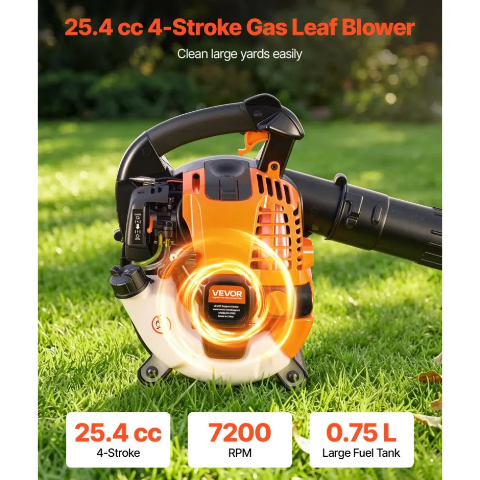 VEVOR Gas Leaf Blower, 25.4CC 4-Stroke Gas Powered Handheld Leaf Blower with 0.75L Fuel Tank, 340 CFM Air Volume, 130 MPH Air Speed, Ideal for Lawn Care, Leaves Cleaning, Yard Debris & Snow Removal