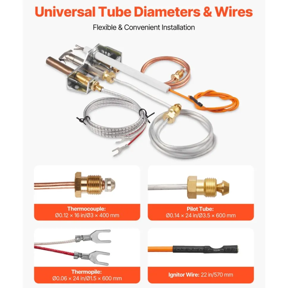 VEVOR Gas Pilot Assembly, OE 4021-732, 25660 Fireplace Gas Pilot Assembly, Natural Gas Ignition Replacement with Pilot Tube, Thermocouple, Thermopile, Wires, Compatible with Heatilator Models