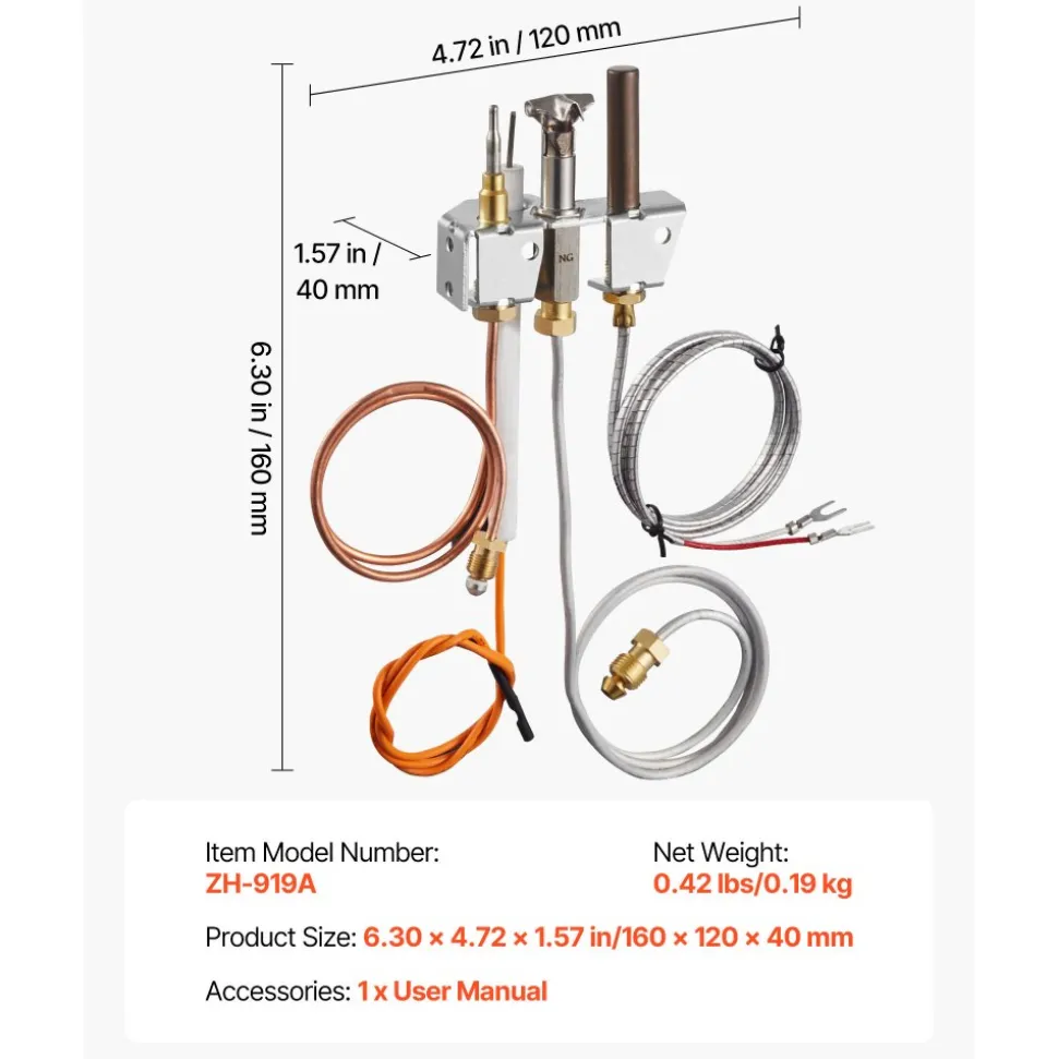 VEVOR Gas Pilot Assembly, OE 4021-732, 25660 Fireplace Gas Pilot Assembly, Natural Gas Ignition Replacement with Pilot Tube, Thermocouple, Thermopile, Wires, Compatible with Heatilator Models