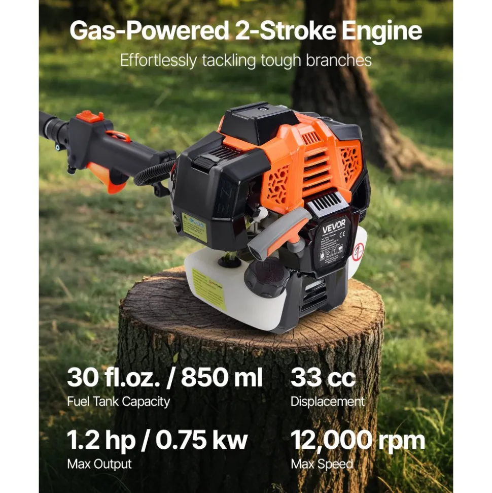 VEVOR Gas Pole Saw, 33CC 2 Stroke Gas Powered Pole Saws with 8 in Cutting Bar, Cordless Tree Trimmer with 30 fl.oz Fuel Tank, 6.7 to 11.6 ft Extendable, Powerful Chainsaw for Tree Trimming Pruning