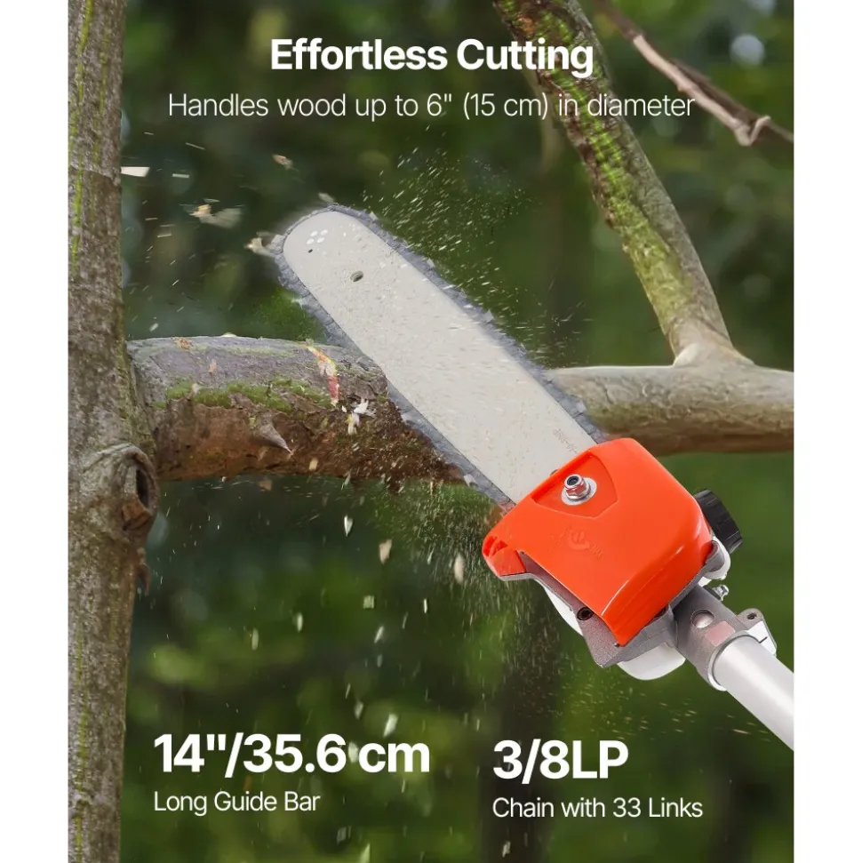 VEVOR Gas Pole Saw, 52CC 2 Stroke Gas Powered Pole Saws with 14 in Cutting Bar, Cordless Tree Trimmer with 30 fl.oz Fuel Tank, 7.2 to 10 ft Extendable, Powerful Chainsaw for Tree Trimming Pruning