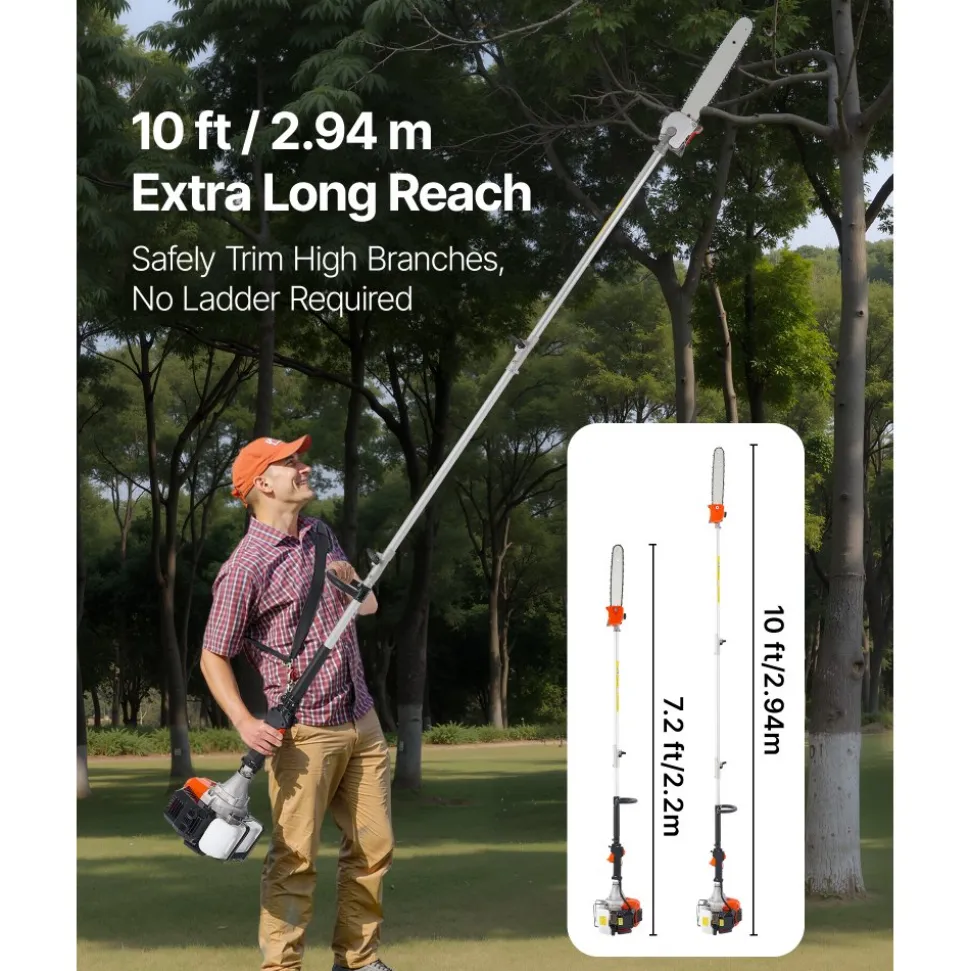 VEVOR Gas Pole Saw, 52CC 2 Stroke Gas Powered Pole Saws with 14 in Cutting Bar, Cordless Tree Trimmer with 30 fl.oz Fuel Tank, 7.2 to 10 ft Extendable, Powerful Chainsaw for Tree Trimming Pruning