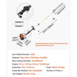 VEVOR Gas Pole Saw, 52CC 2 Stroke Gas Powered Pole Saws with 14 in Cutting Bar, Cordless Tree Trimmer with 30 fl.oz Fuel Tank, 7.2 to 10 ft Extendable, Powerful Chainsaw for Tree Trimming Pruning
