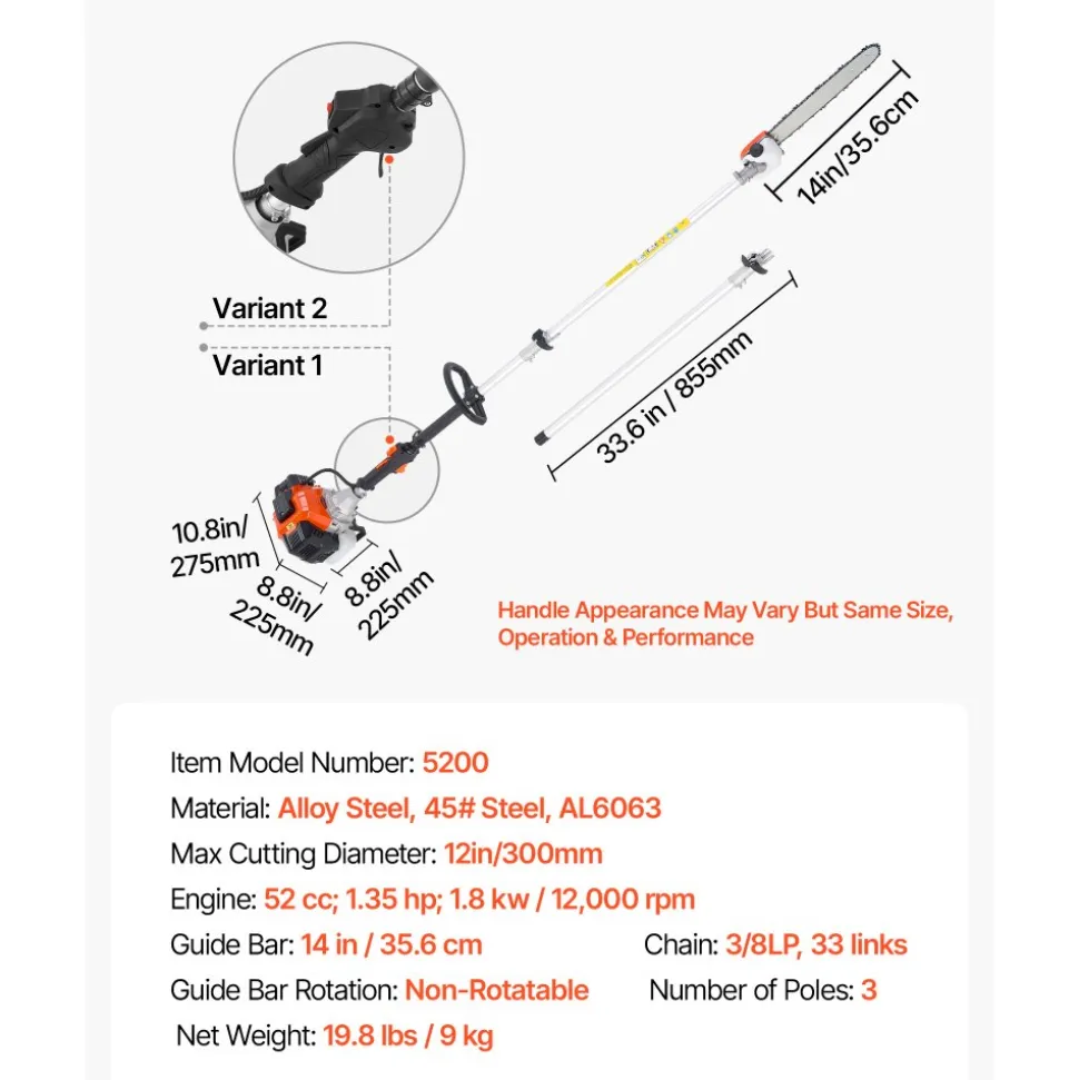 VEVOR Gas Pole Saw, 52CC 2 Stroke Gas Powered Pole Saws with 14 in Cutting Bar, Cordless Tree Trimmer with 30 fl.oz Fuel Tank, 7.2 to 10 ft Extendable, Powerful Chainsaw for Tree Trimming Pruning