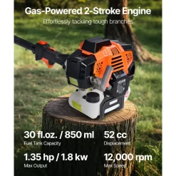 VEVOR Gas Pole Saw, 52CC 2 Stroke Gas Powered Pole Saws with 14 in Cutting Bar, Cordless Tree Trimmer with 30 fl.oz Fuel Tank, 7.2 to 10 ft Extendable, Powerful Chainsaw for Tree Trimming Pruning