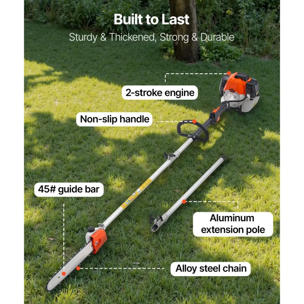 VEVOR Gas Pole Saw, 52CC 2 Stroke Gas Powered Pole Saws with 14 in Cutting Bar, Cordless Tree Trimmer with 30 fl.oz Fuel Tank, 7.2 to 10 ft Extendable, Powerful Chainsaw for Tree Trimming Pruning