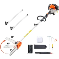 VEVOR Gas Pole Saw, 43CC 2 Stroke Gas Powered Pole Saws with 10 in Cutting Bar, Cordless Tree Trimmer with Rotatable Head, 6.9 to 11.8 ft Extendable, Powerful Chainsaw for Tree Trimming Pruning