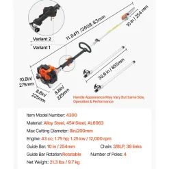 VEVOR Gas Pole Saw, 43CC 2 Stroke Gas Powered Pole Saws with 10 in Cutting Bar, Cordless Tree Trimmer with Rotatable Head, 6.9 to 11.8 ft Extendable, Powerful Chainsaw for Tree Trimming Pruning