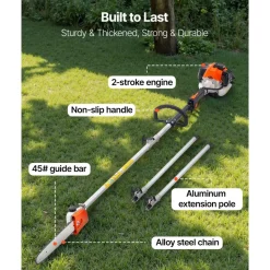 VEVOR Gas Pole Saw, 25CC 2 Stroke Gas Powered Pole Saws with 12 in Cutting Bar, Cordless Tree Trimmer with 23 fl.oz Fuel Tank, 7 to 12 ft Extendable, Powerful Chainsaw for Tree Trimming Pruning