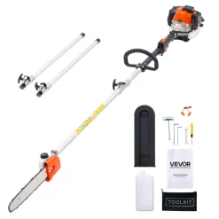 VEVOR Gas Pole Saw, 25CC 2 Stroke Gas Powered Pole Saws with 8 in Cutting Bar, Cordless Tree Trimmer with 23 fl.oz Fuel Tank, 6.5 to 9 ft Extendable, Powerful Chainsaw for Tree Trimming Pruning