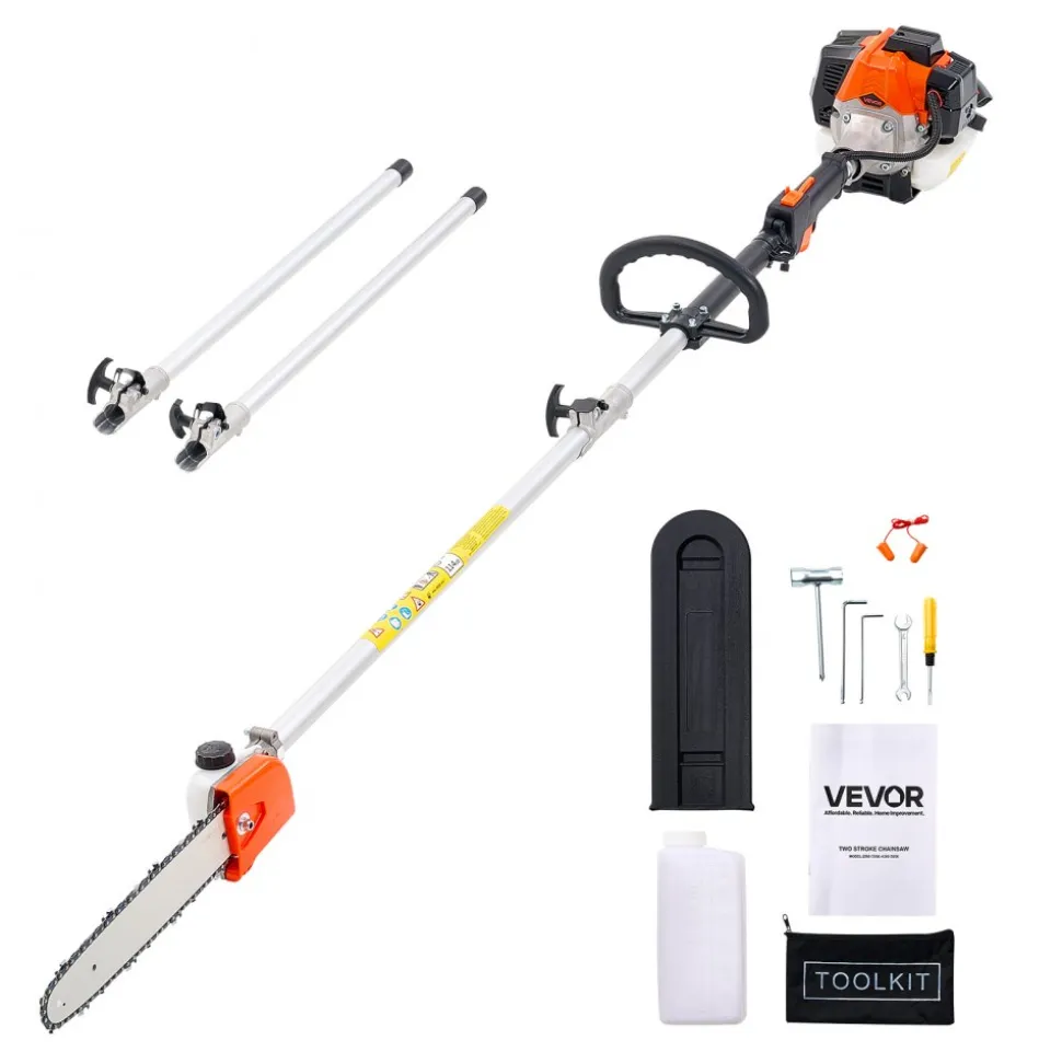 VEVOR Gas Pole Saw, 25CC 2 Stroke Gas Powered Pole Saws with 8 in Cutting Bar, Cordless Tree Trimmer with 23 fl.oz Fuel Tank, 6.5 to 9 ft Extendable, Powerful Chainsaw for Tree Trimming Pruning