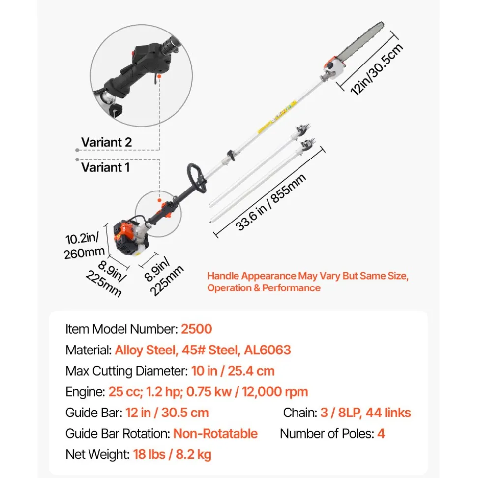VEVOR Gas Pole Saw, 25CC 2 Stroke Gas Powered Pole Saws with 8 in Cutting Bar, Cordless Tree Trimmer with 23 fl.oz Fuel Tank, 6.5 to 9 ft Extendable, Powerful Chainsaw for Tree Trimming Pruning