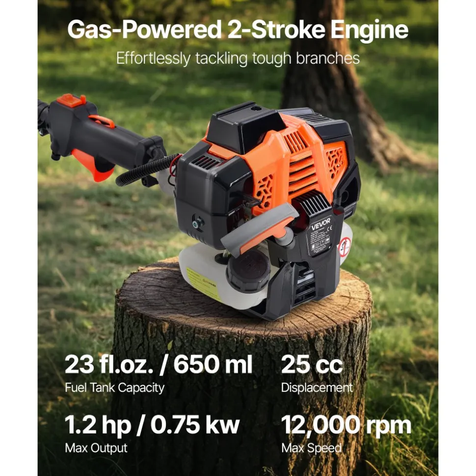 VEVOR Gas Pole Saw, 25CC 2 Stroke Gas Powered Pole Saws with 8 in Cutting Bar, Cordless Tree Trimmer with 23 fl.oz Fuel Tank, 6.5 to 9 ft Extendable, Powerful Chainsaw for Tree Trimming Pruning