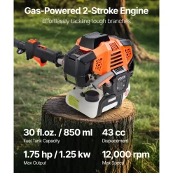 VEVOR Gas Pole Saw, 43CC 2 Stroke Gas Powered Pole Saws with 10 in Cutting Bar, Cordless Tree Trimmer with 30 fl.oz Fuel Tank, 6.8 to 11.7 ft Extendable, Powerful Chainsaw for Tree Trimming Pruning