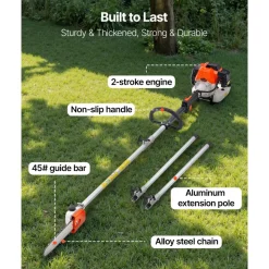 VEVOR Gas Pole Saw, 43CC 2 Stroke Gas Powered Pole Saws with 10 in Cutting Bar, Cordless Tree Trimmer with 30 fl.oz Fuel Tank, 6.8 to 11.7 ft Extendable, Powerful Chainsaw for Tree Trimming Pruning