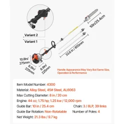 VEVOR Gas Pole Saw, 43CC 2 Stroke Gas Powered Pole Saws with 10 in Cutting Bar, Cordless Tree Trimmer with 30 fl.oz Fuel Tank, 6.8 to 11.7 ft Extendable, Powerful Chainsaw for Tree Trimming Pruning