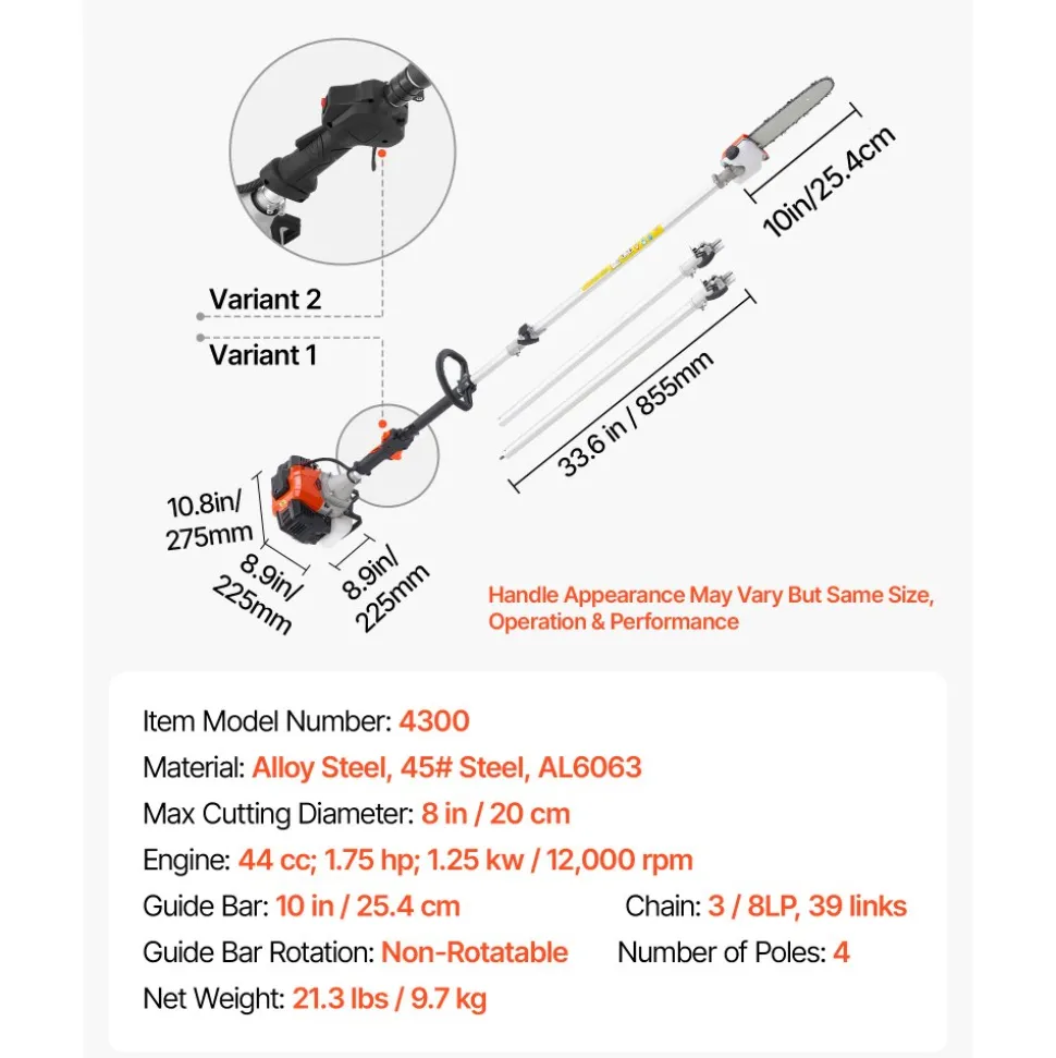 VEVOR Gas Pole Saw, 43CC 2 Stroke Gas Powered Pole Saws with 10 in Cutting Bar, Cordless Tree Trimmer with 30 fl.oz Fuel Tank, 6.8 to 11.7 ft Extendable, Powerful Chainsaw for Tree Trimming Pruning