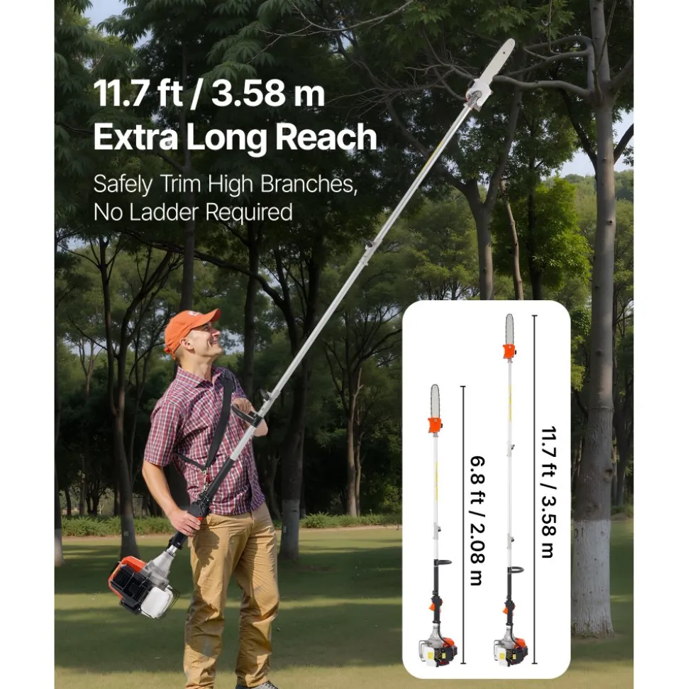 VEVOR Gas Pole Saw, 43CC 2 Stroke Gas Powered Pole Saws with 10 in Cutting Bar, Cordless Tree Trimmer with 30 fl.oz Fuel Tank, 6.8 to 11.7 ft Extendable, Powerful Chainsaw for Tree Trimming Pruning