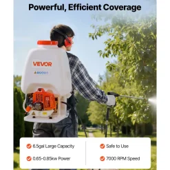 VEVOR Gas Powered Backpack Sprayer, 26.5CC 0.9HP Engine, Garden Sprayer with 6.5 Gallon Tank, Large Area Coverage, Lawn Spraying Machine with 24 in Wand & Nozzles for Efficient Gardening & Farming