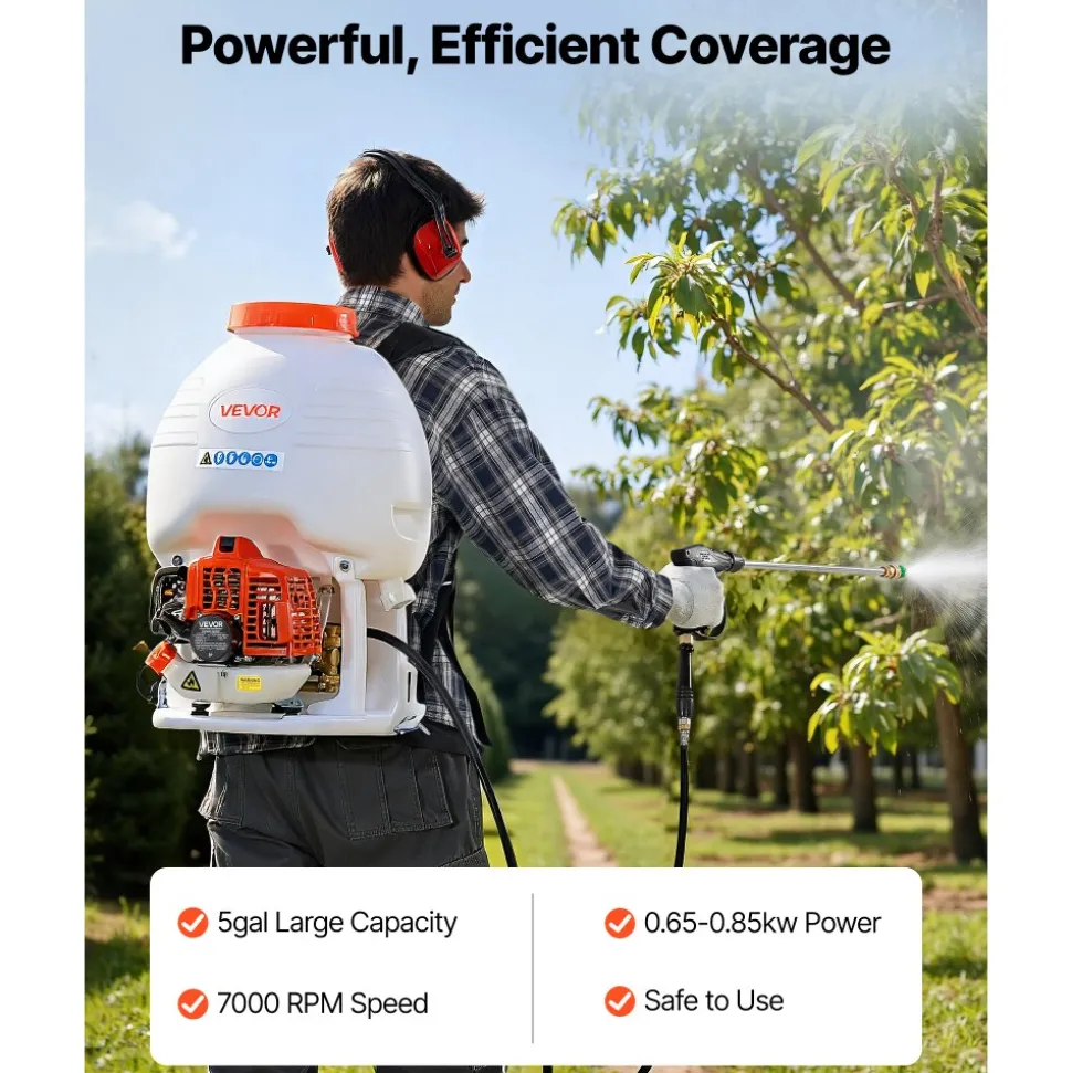 VEVOR Gas Powered Backpack Sprayer, 26.5CC 0.9HP Engine, Garden Sprayer with 5 Gallon Tank, Large Area Coverage, Lawn Spraying Machine with 24 in Wand & Nozzles for Efficient Gardening & Farming