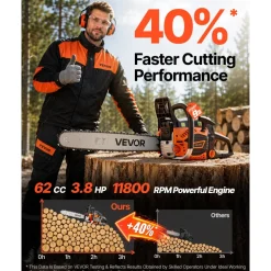 VEVOR Gas Powered Chainsaw 20 & 22 Inch 62CC 3.8HP 2 Stroke Engine Saw, for Wood Cutting, Tree Trimming & Land Clearing, Throttle-Synced Choke, Power Chain Saw with Non-Slip Handle & Dual Tanks