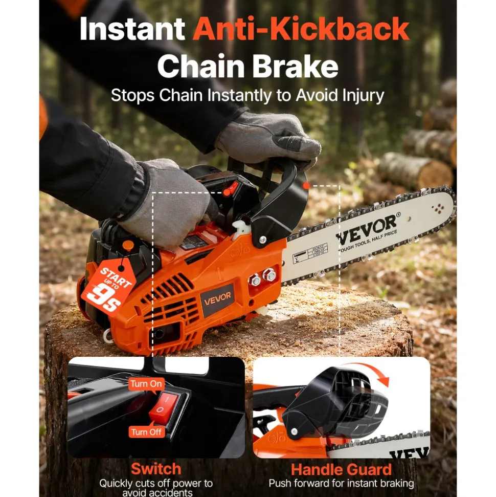 VEVOR Gas Powered Chainsaw 12 Inch 25.4CC 1HP 2 Stroke Engine Gas Chainsaw, for Wood Cutting, Tree Trimming & Land Clearing, Throttle-Synced Choke, Power Chain Saw with Non-Slip Handle & Dual Tanks