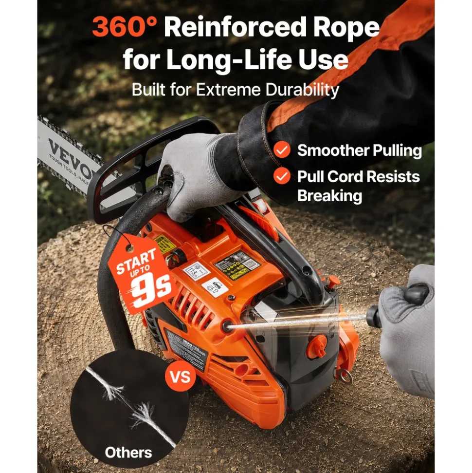 VEVOR Gas Powered Chainsaw 12 Inch 25.4CC 1HP 2 Stroke Engine Gas Chainsaw, for Wood Cutting, Tree Trimming & Land Clearing, Throttle-Synced Choke, Power Chain Saw with Non-Slip Handle & Dual Tanks
